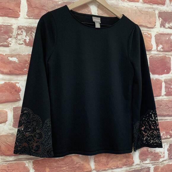 Chicos Top Shirt Womens Small 0 Plain Black Floral Burnout Sleeve Popover Blouse - Picture 2 of 8